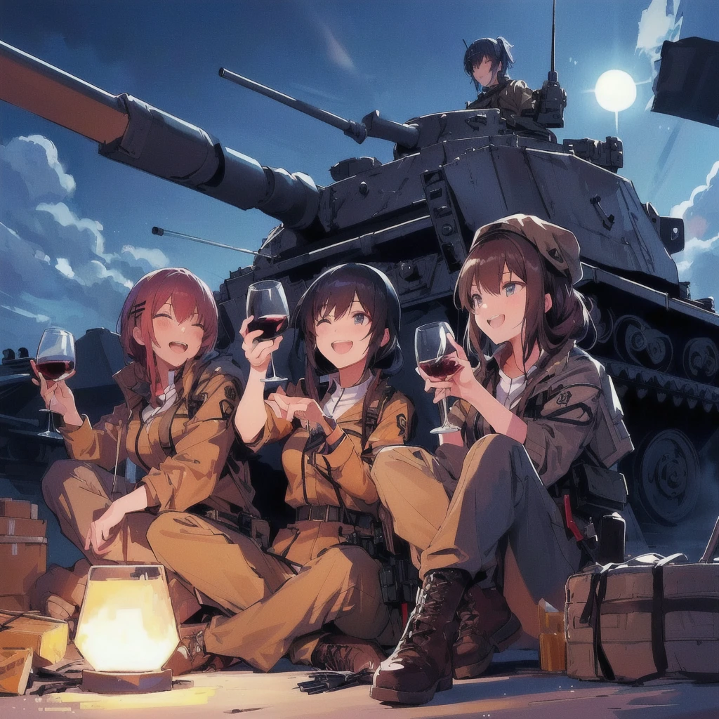 Anime female soldier, sitting on the ground with wine glasses in front of a tank, Drinking wine and laughing,Girls&#39; Frontline style, from Girls&#39; Frontline, Girls&#39; Frontline universe, Girls&#39; Frontline cg, Girls&#39; Frontline, Infantry Girl, Kantai Collection Style, Fine details. Girls&#39; Frontline, Gweiz-style artwork, Soldier, Anime Girls, Anime Background, 4K Manga Wallpapers, Anime Wallpaper