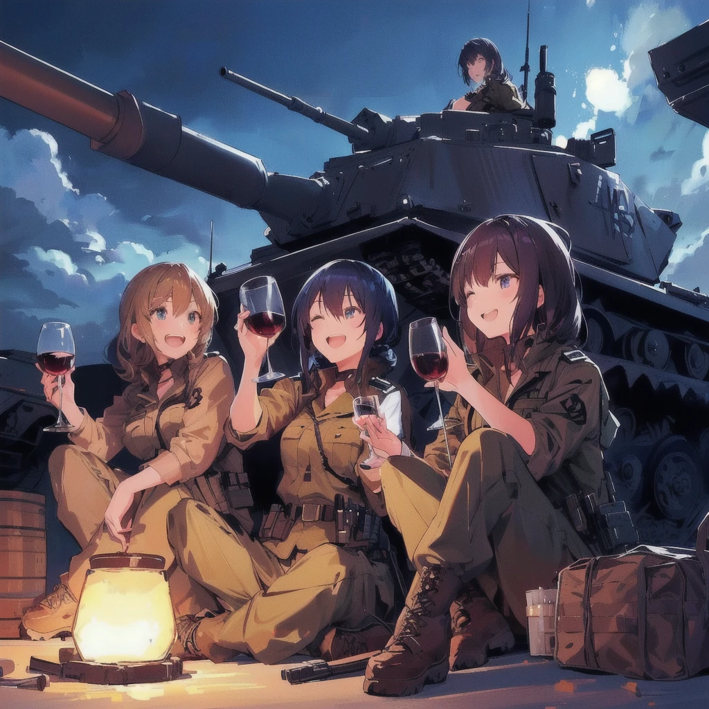 Anime female soldier, sitting on the ground with wine glasses in front of a tank, Drinking wine and laughing,Girls' Frontline style, from Girls' Frontline, Girls' Frontline universe, Girls' Frontline cg, Girls' Frontline, Infantry Girl, Kantai Collection Style, Fine details. Girls' Frontline, Gweiz-style artwork, Soldier, Anime Girls, Anime Background, 4K Manga Wallpapers, Anime Wallpaper