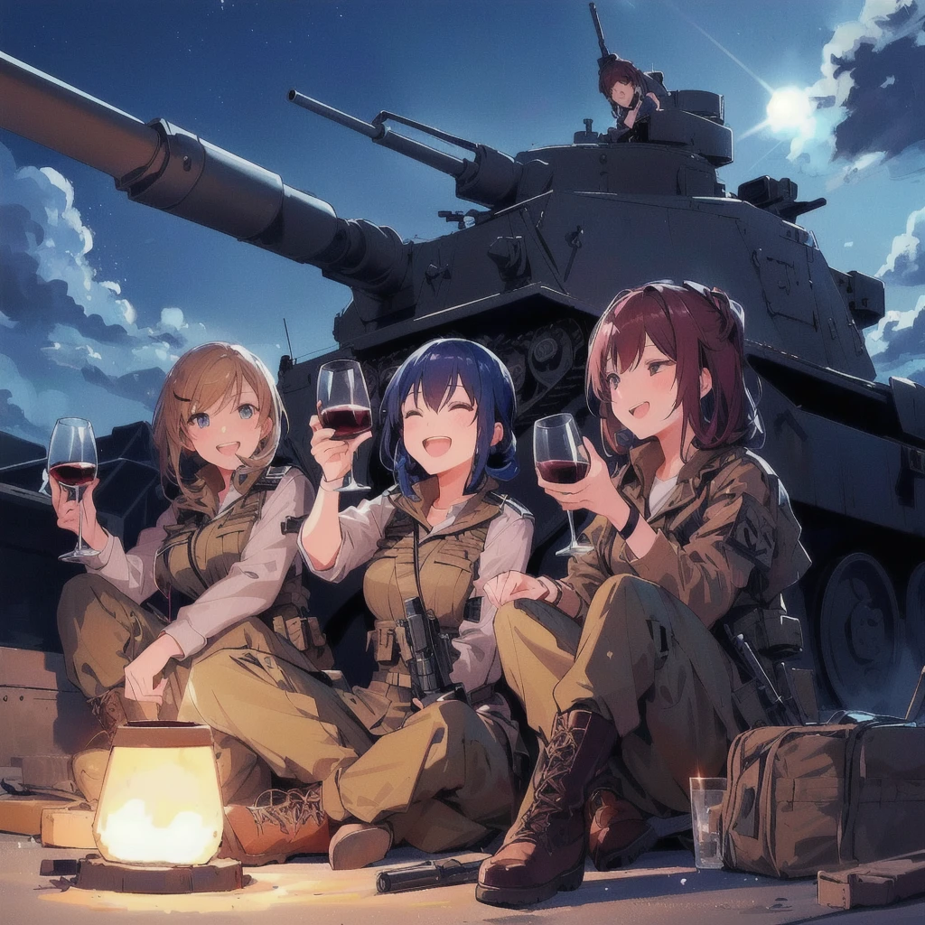 Anime female soldier, sitting on the ground with wine glasses in front of a tank, Drinking wine and laughing,Girls' Frontline style, from Girls' Frontline, Girls' Frontline universe, Girls' Frontline cg, Girls' Frontline, Infantry Girl, Kantai Collection Style, Fine details. Girls' Frontline, Gweiz-style artwork, Soldier, Anime Girls, Anime Background, 4K Manga Wallpapers, Anime Wallpaper