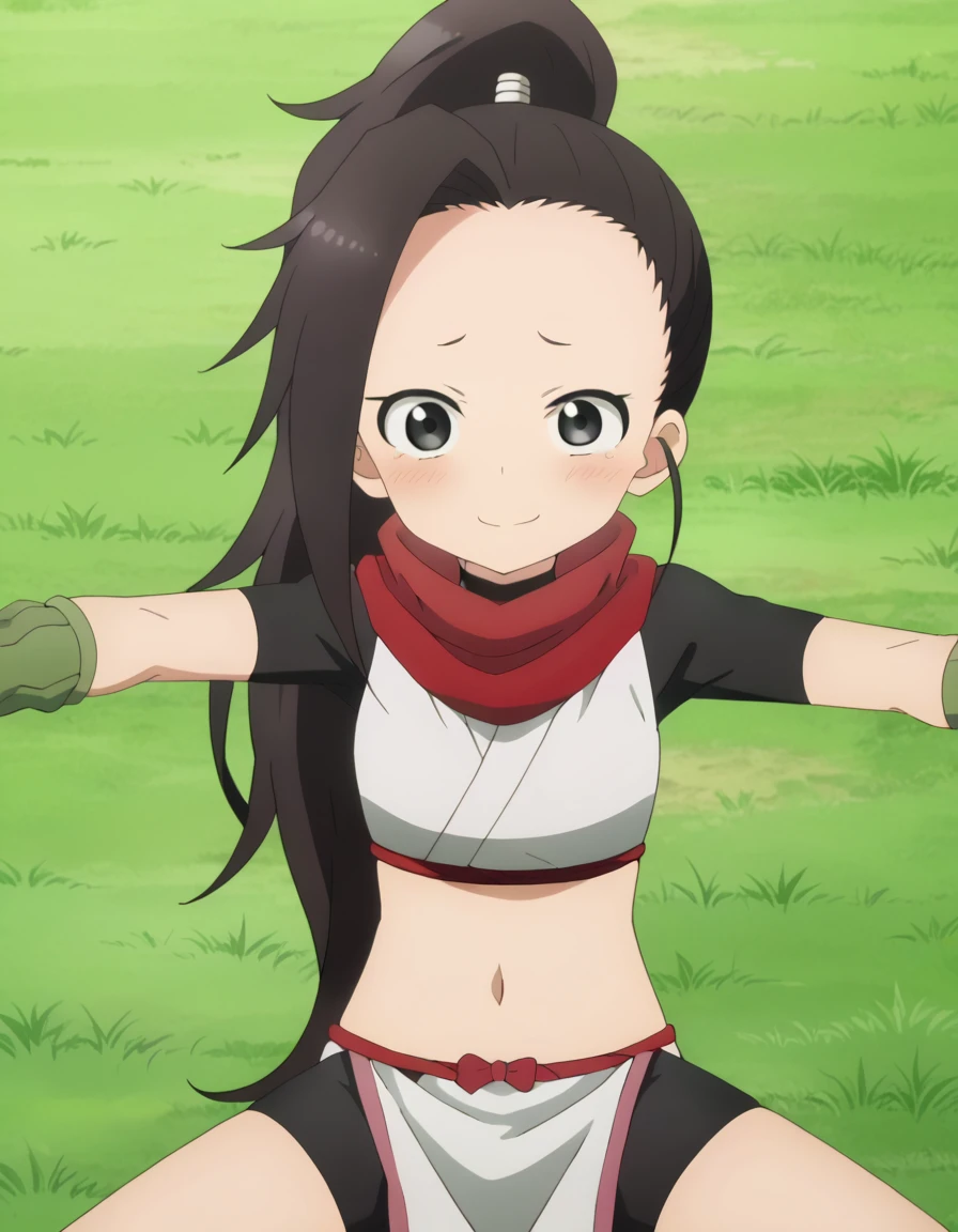 anime coloring, anime screencap, source_anime, anime,uncensored ,BREAK1girl,kunotsubaki, black eyes, black hair, long hair, asymmetrical bangs, forehead, high ponytail, ponytail,shirt, navel, red scarf, scarf short sleeves, pelvic curtain, shorts, green gloves, arm warmers, fingerless gloves, BREAK, high quality, solo, lying, on back, arms up, spread arms, closed mouth, on grass, (cowboy shot:1.5), looking at viewer, nervous, smile, best quality, blushing, spread legs,