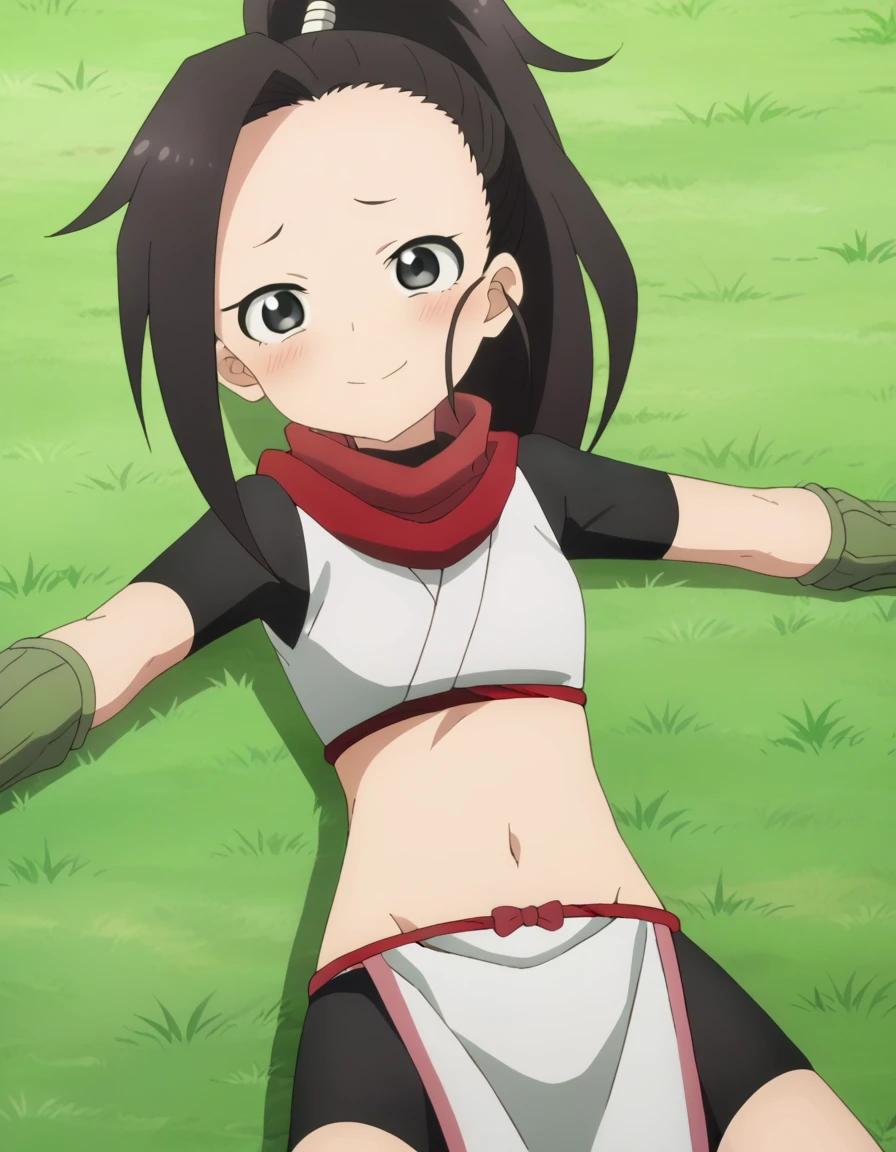  anime coloring, anime screencap, source_anime, anime,uncensored ,BREAK1girl,kunotsubaki, black eyes, black hair, long hair, asymmetrical bangs, forehead, high ponytail, ponytail,shirt, navel, red scarf, scarf short sleeves, pelvic curtain, shorts, green gloves, arm warmers, fingerless gloves, BREAK, high quality, solo, lying, on back, arms up, spread arms, closed mouth, on grass, (cowboy shot:1.5), looking at viewer, nervous, smile, best quality, blushing, spread legs,