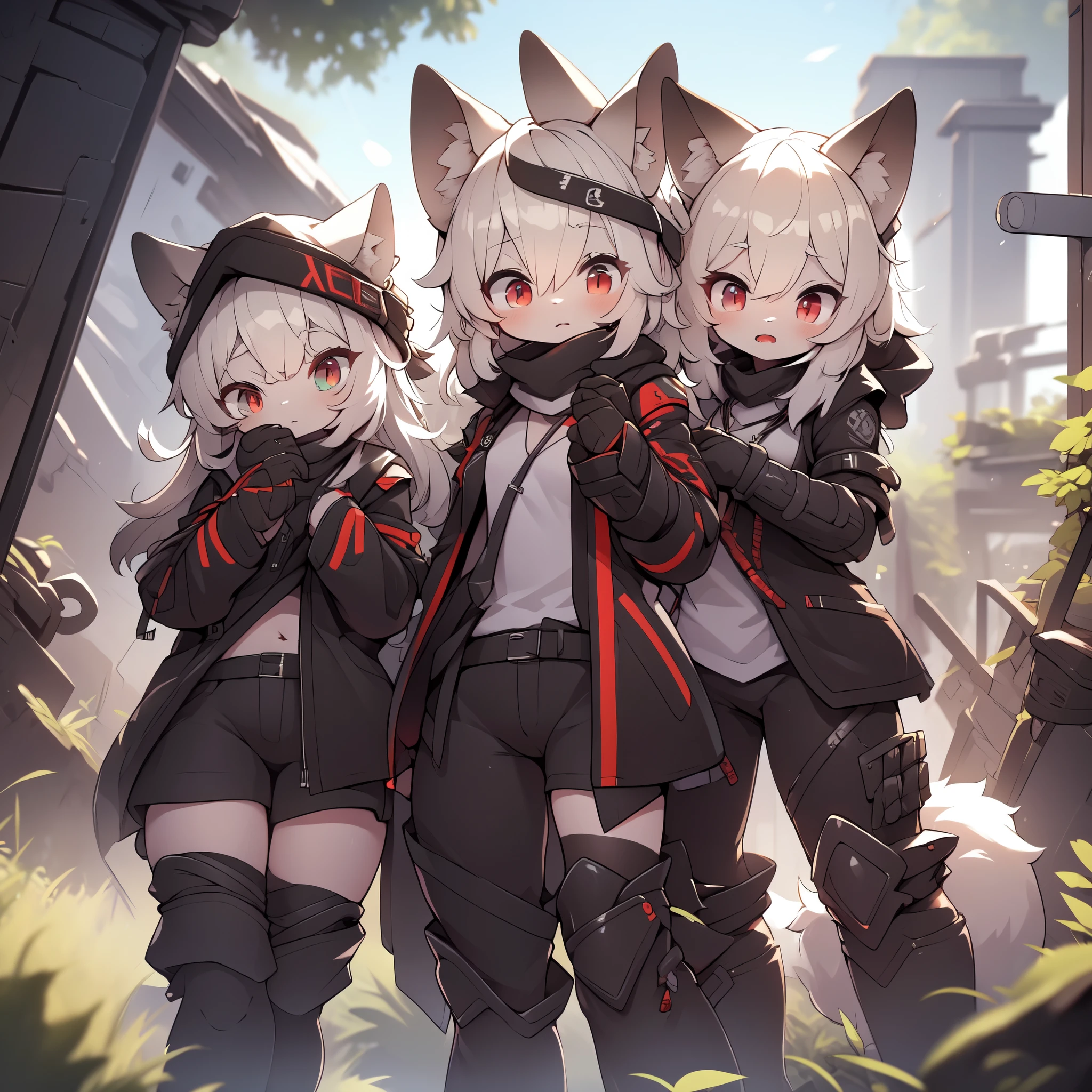 Kawaii, Striped Fluffy Fox, emaciated, long hair, 3girls, artificial synthetic skin, life support prosthetics, digital headphones, black tight latex bodysuit, white long dress, thigh-high-socks, shorts, loose off-the-shoulder hood open jacket, holsters in thigh, Mechanical boots, tactical knee pads, tactical belted loose Arm Sleeves, cybernetic Display gloves, chest rigs, tactical belts, blue archive halo, bulletproof goggles on forehead, from Ark nights, ray tracing, depth of field, bloom, masterpiece, ccurate, high details, highres