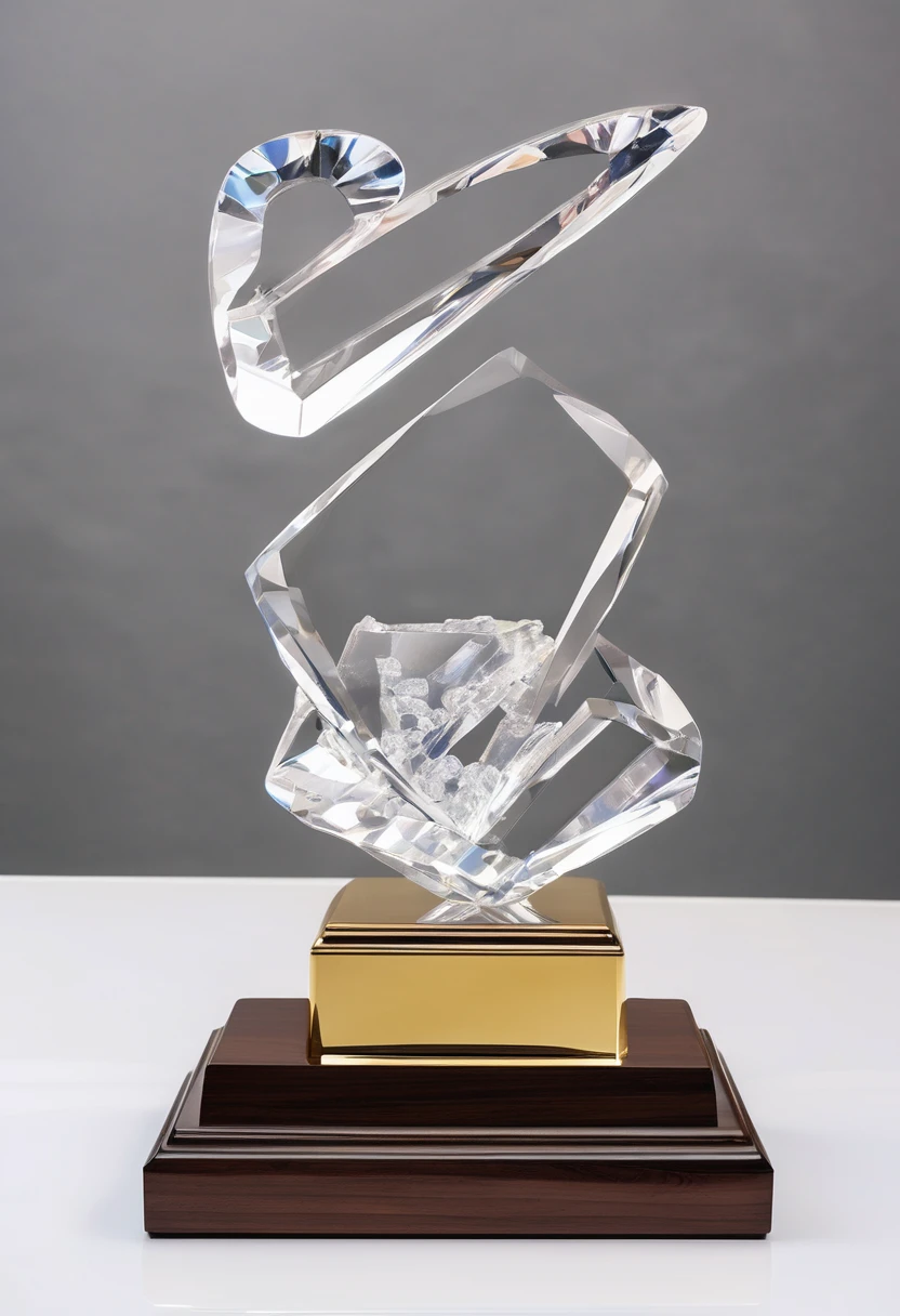 A minimalist, creative and futuristic dance trophy；A crystal trophy made of a pair of crystal ballet shoes，Walnut wooden square base，Simple and elegant，There is a gold metal nameplate on the base；Dance shoes staggered rise，Ribbon embellishment。Except for the base, it is all made of crystal；White background。Front view。