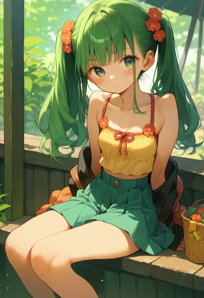 Summer vacation,(:1.2),Akihabara Maid Clothing,mini skirt,Green Hair Anime Girl,(Twin tails:1.1),Small breasts