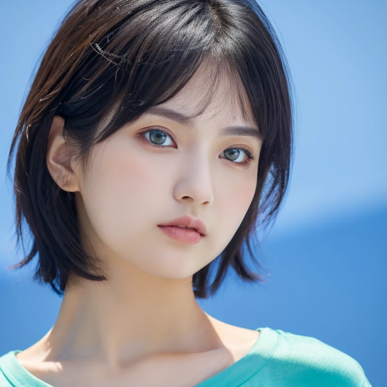 (masterpiece, best quality; 1.3), ultra-detailliert, look at the viewer, wearing a blue t-shirt, close up, black hair, short hair, plain Green background,beauty, detailed eyes, detailed face, extremely beautiful face,sky, Highest quality, high resolution.