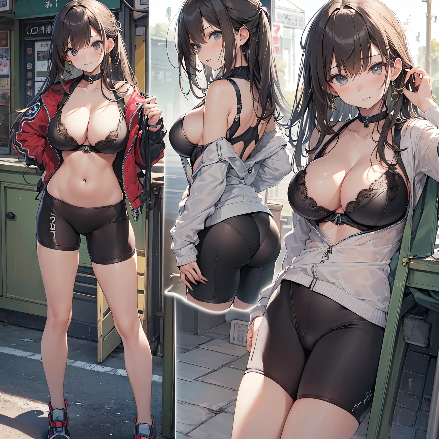 highest quality、超High resolution、High resolution、Extremely detailed CG、8k unit wallpaper、(((Perfect photo))), One Girl, alone, , Azusa Nakano, , Jacket, View your viewers, smile, (((Huge breasts))), SFW with hidden breasts, Big ample breasts!, SFW Big, Beautiful and seductive anime woman, huge bountiful breasts!!, Bust ratio adopted, highest quality, Official Art, Best Anatomy, (Ultra-thin bike shorts,:1.5)、Cowboy Shot, High skin exposure、Exhibitionism、gravure、Accentuate your cleavage、Saggy breasts、Accentuate your breasts、(Push your hips back and sit on the ground)、(((Character design sheet、From directly below、Accentuate your breastsする、Make your butt stand out))),