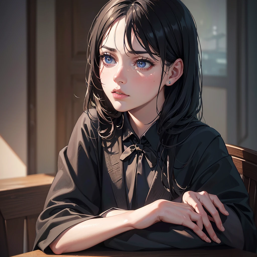 a sad girl sitting at a school desk, beautiful detailed eyes, beautiful detailed lips, extremely detailed eyes and face, long eyelashes, , melancholy expression, dramatic lighting, moody atmosphere, muted color palette, oil painting, cinematic composition, award-winning, masterpiece, (best quality, 4k, 8k, highres, masterpiece:1.2), ultra-detailed, (realistic, photorealistic, photo-realistic:1.37)