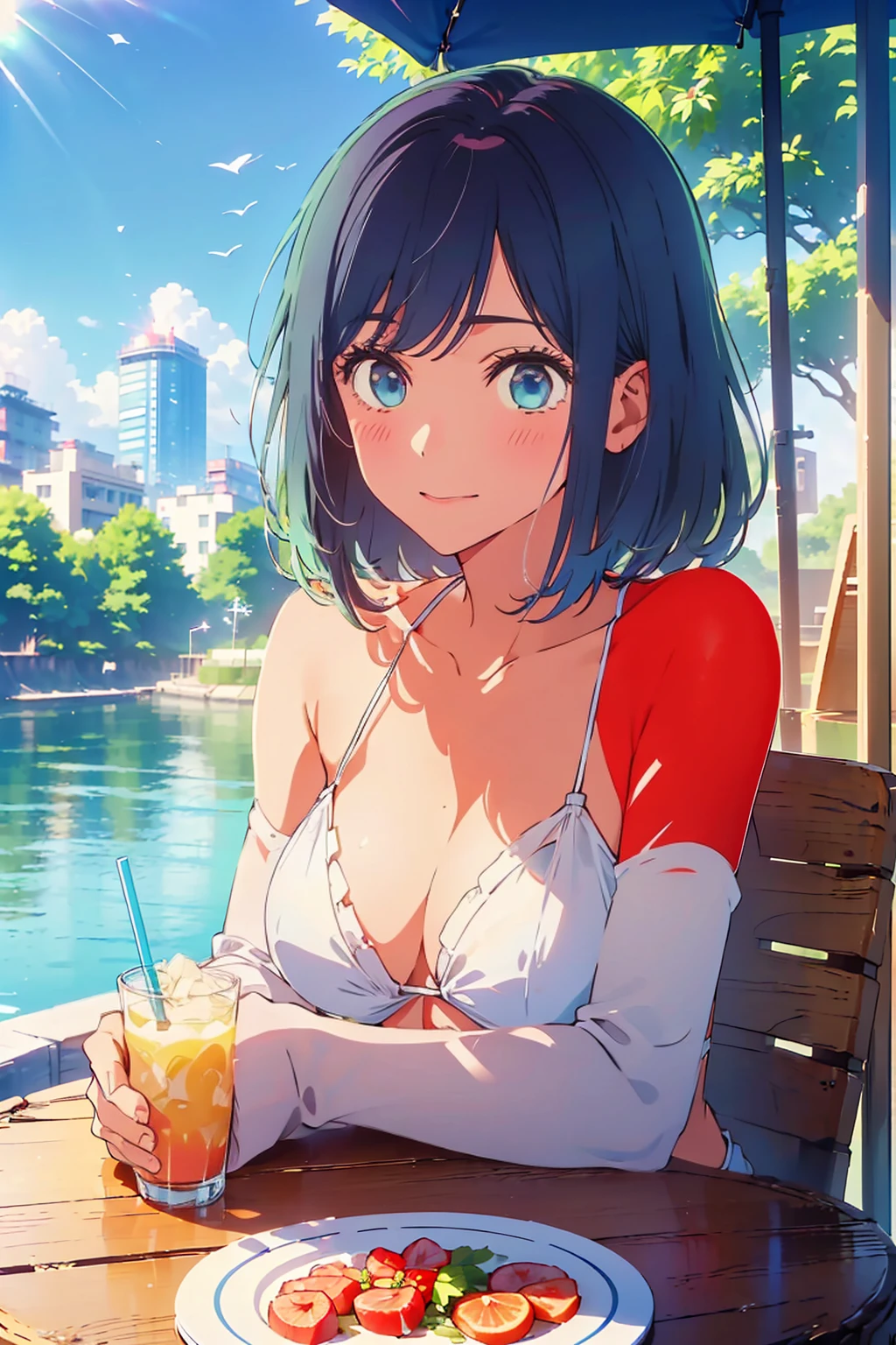 highest quality,8k,detailed,F cup bust、Big Breasts、Very cute face、Slim and beautiful arms、Slim body、Very white beautiful skin、((((1 person、looking at the camera、smile、Thin white bikini、smile、sit、In the background are the urban buildings of Tokyo、Outdoor café terrace、Drink juice、Cheek resting on hand、coastal、table、Sunlight is strong)))、I can see the deep blue sky、She tilted her head slightly、The atmosphere is bright and lively、The woman is at the center of the image。