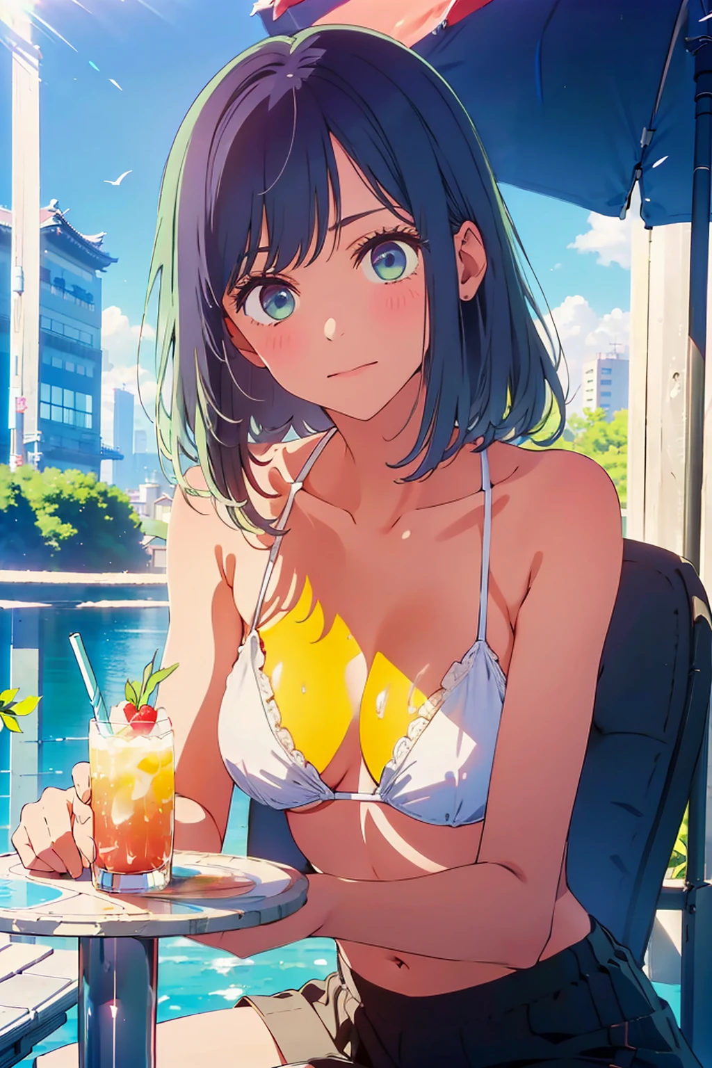 highest quality,8k,detailed,F cup bust、Big Breasts、Very cute face、Slim and beautiful arms、Slim body、Very white beautiful skin、((((1 person、looking at the camera、smile、Thin white bikini、smile、sit、In the background are the urban buildings of Tokyo、Outdoor café terrace、Drink juice、Cheek resting on hand、coastal、table、Sunlight is strong)))、I can see the deep blue sky、She tilted her head slightly、The atmosphere is bright and lively、The woman is at the center of the image。