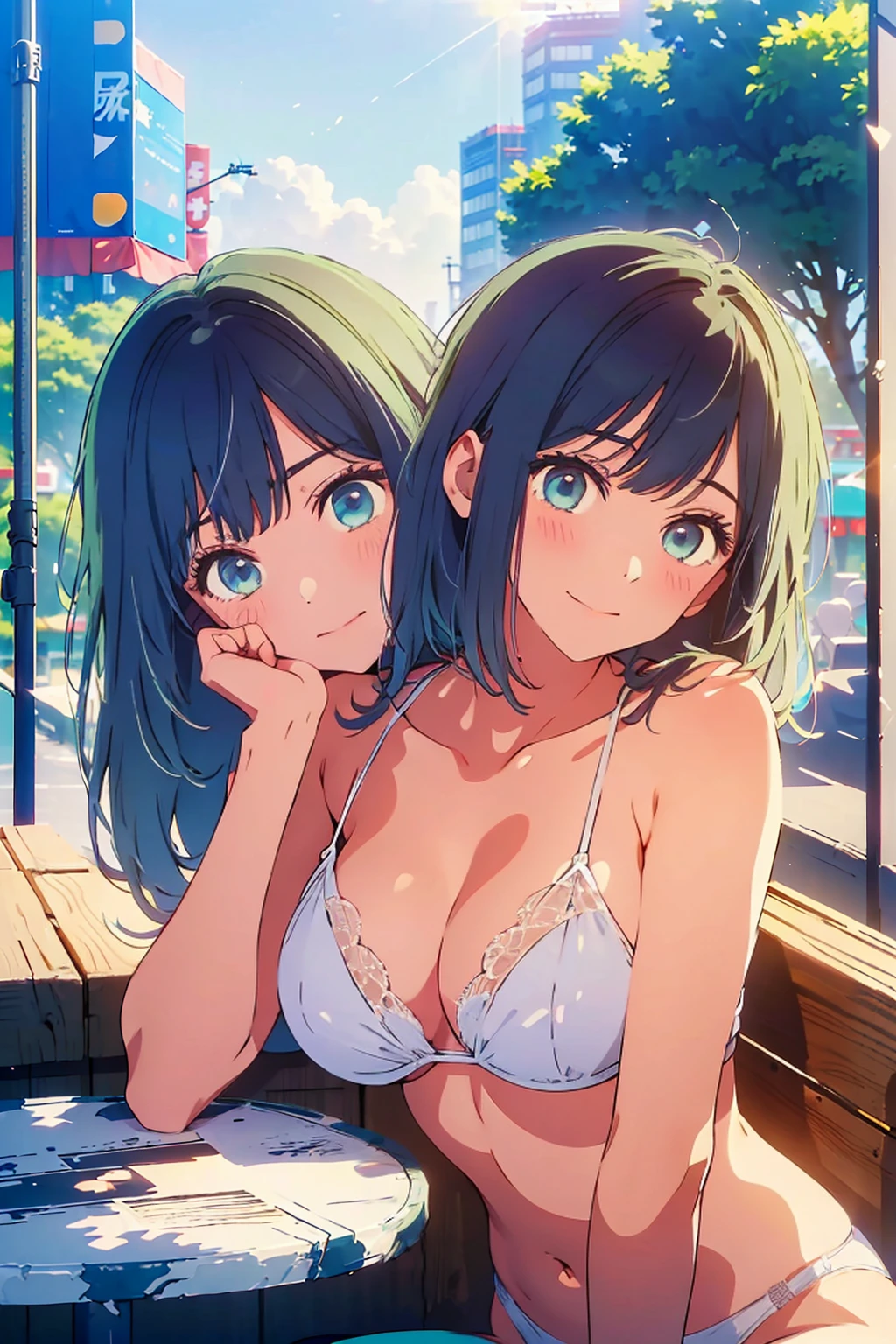 highest quality,8k,detailed,F cup bust、Big Breasts、Very cute face、Slim and beautiful arms、Slim body、Very white beautiful skin、((((1 person、looking at the camera、smile、Thin white bikini、smile、sit、In the background are the urban buildings of Tokyo、Outdoor café terrace、Drink juice、Cheek resting on hand、coastal、table、Sunlight is strong)))、I can see the deep blue sky、She tilted her head slightly、The atmosphere is bright and lively、The woman is at the center of the image。