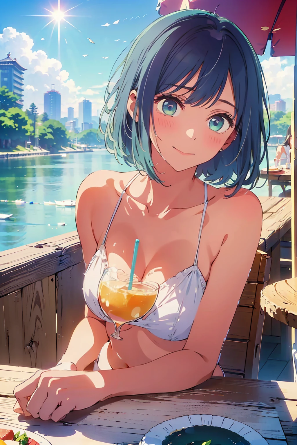 highest quality,8k,detailed,F cup bust、Big Breasts、Very cute face、Slim and beautiful arms、Slim body、Very white beautiful skin、((((1 person、looking at the camera、smile、Thin white bikini、smile、sit、In the background are the urban buildings of Tokyo、Outdoor café terrace、Drink juice、Cheek resting on hand、coastal、table、Sunlight is strong)))、I can see the deep blue sky、She tilted her head slightly、The atmosphere is bright and lively、The woman is at the center of the image。