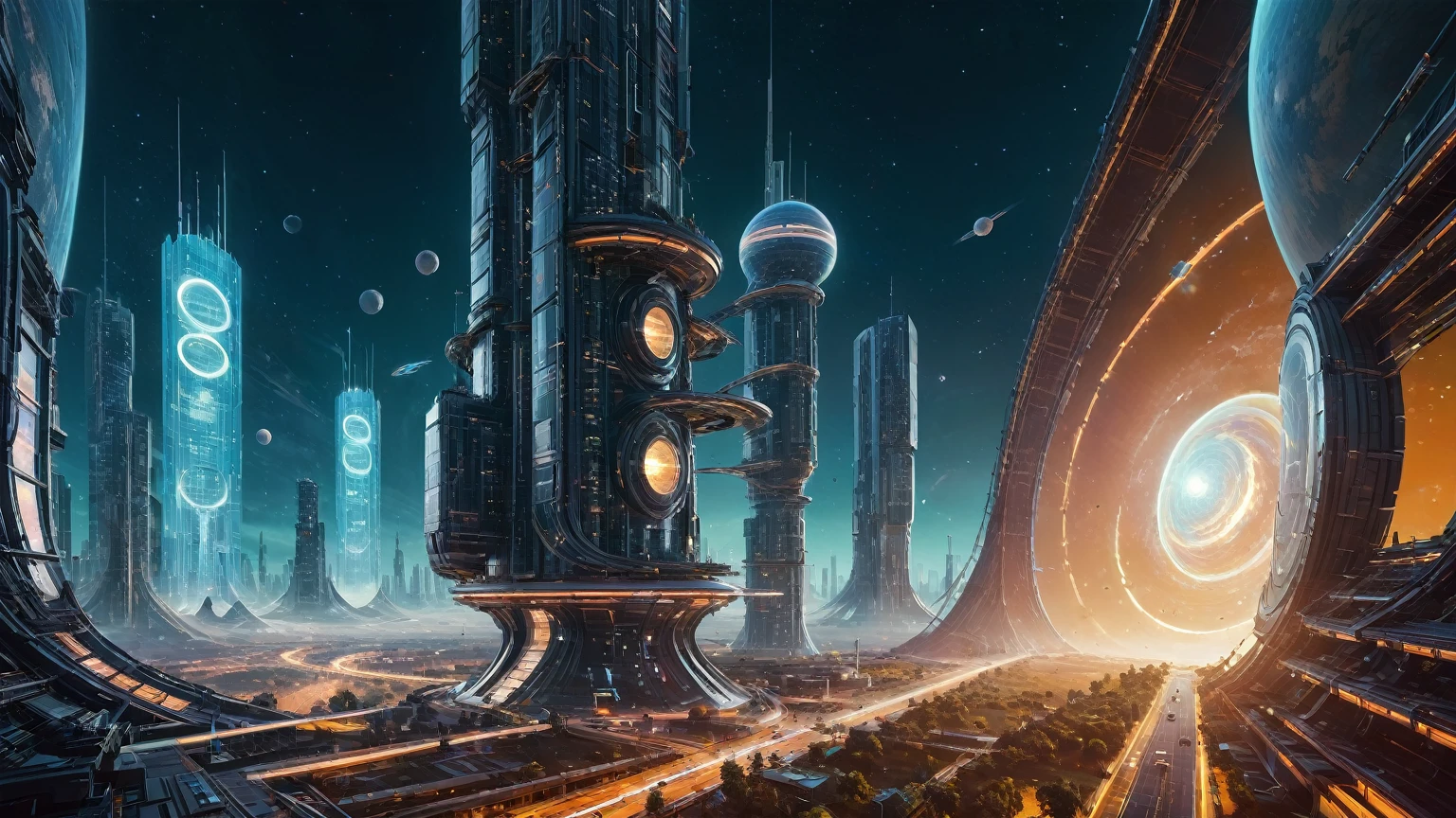 brightly colored abstract image of a space station with a spiral, epic beautiful space scifi, chaotic cinematic space rift, greg beeple, planets colliding, beeple and tim hildebrandt, beeple and jean giraud, end of the universe, galaxy space sci-fi, ringworld, by Mike "Beeple" Winkelmann. Matrix style, (((((Matrix cascading code))))), (((((a futuristic twin tower skyscraper with a unique twisted design))))), (((((OLED GUI interfaces in the building))))), at night, (((((1girl, solo))))), photo realistic, (((large-breast:1.2 slim body, cleavage))), (((off broken mini sling-shirt and black sling bra, extreamly short pleated miniskirt exposing panty))), (((((running pose))))), (((((matrix style black sunglasses))))), ((((((((((aiming with a short gun)))))))))), (((((looking at camera))))), (((very low view))), (((((half-body thigh level medium shot))))), (((cinematic lighting))).