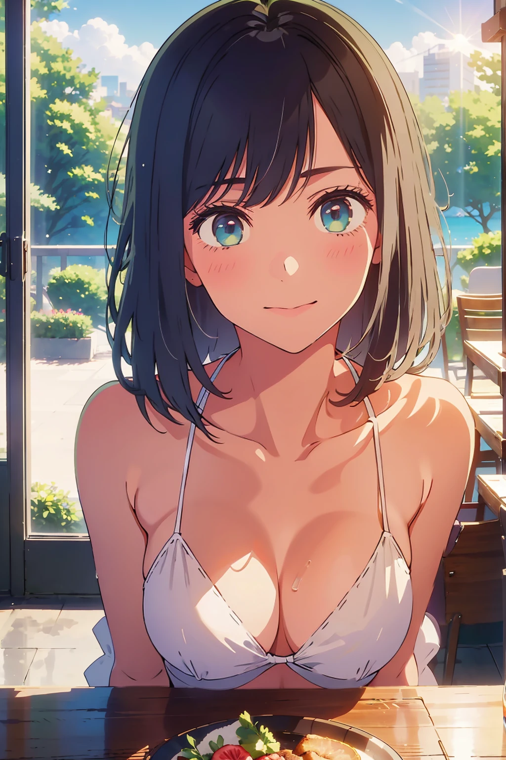 highest quality,8k,detailed,F cup bust、Big Breasts、Very cute face、Slim and beautiful arms、Slim body、Very white beautiful skin、((((1 person、looking at the camera、smile、Thin white bikini、smile、sit、In the background are the urban buildings of Tokyo、Outdoor café terrace、Drink juice、Cheek resting on hand、coastal、table、Sunlight is strong)))、I can see the deep blue sky、She tilted her head slightly、The atmosphere is bright and lively、The woman is at the center of the image。