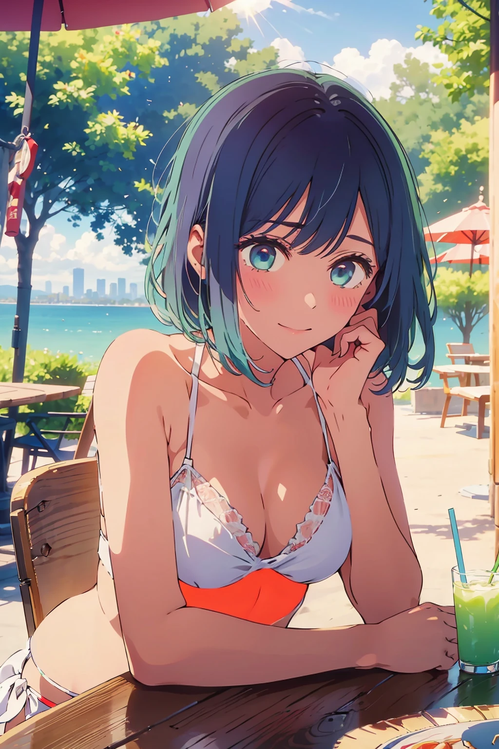 highest quality,8k,detailed,F cup bust、Big Breasts、Very cute face、Slim and beautiful arms、Slim body、Very white beautiful skin、((((1 person、looking at the camera、smile、Thin white bikini、smile、sit、In the background are the urban buildings of Tokyo、Outdoor café terrace、Drink juice、Cheek resting on hand、coastal、table、Sunlight is strong)))、I can see the deep blue sky、She tilted her head slightly、The atmosphere is bright and lively、The woman is at the center of the image。