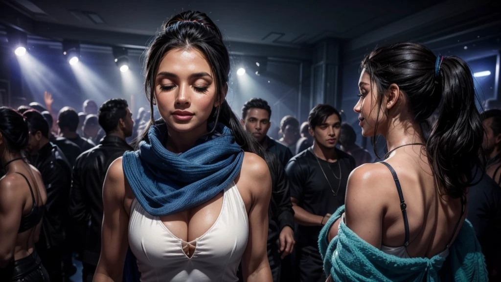 masterpiece, best quality, extremely detailed, hyperrealistic:1.1, photorealistic, a beautiful 20s russian model, ultra detailed face:1.1, sunglasses on head:1.1, blue fur shawl, white dress, high ponytail, black hair, at nightclub:1.2, nightclub light:1.1, party, music club, people dancing on the dance floor background, underground danceclub, laughing, eye closed 
