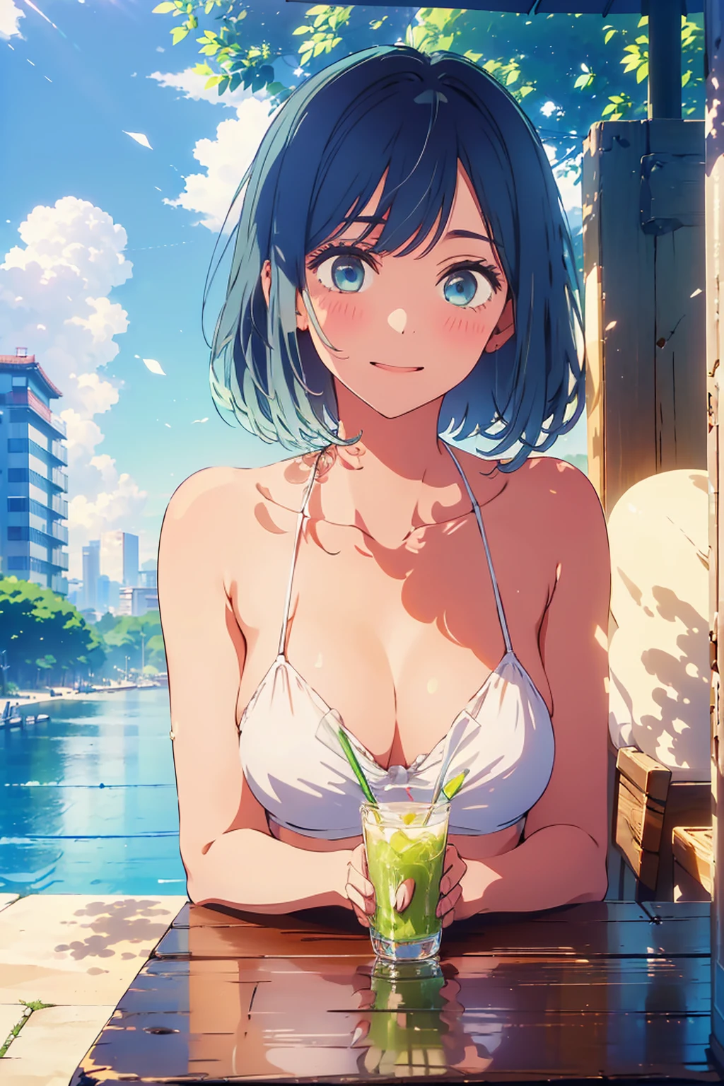 highest quality,8k,detailed,F cup bust、Big Breasts、Very cute face、Slim and beautiful arms、Slim body、Very white beautiful skin、((((1 person、looking at the camera、smile、Thin white bikini、smile、sit、In the background are the urban buildings of Tokyo、Outdoor café terrace、Drink juice、Cheek resting on hand、coastal、table、Sunlight is strong)))、I can see the deep blue sky、She tilted her head slightly、The atmosphere is bright and lively、The woman is at the center of the image。