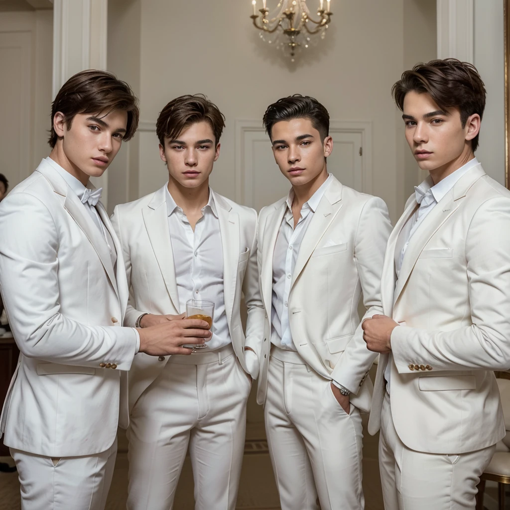 Three 18-year-old boys, with a masculine appearance, wearing a white suit. The scene depicts a masterpiece of art, showcasing the boy's professional and wealthy lifestyle. The image is of the best quality, with ultra-detailed features. The color tone is rich and vibrant ,masterpiece, ultra realistic, detailed face, detailed fingers