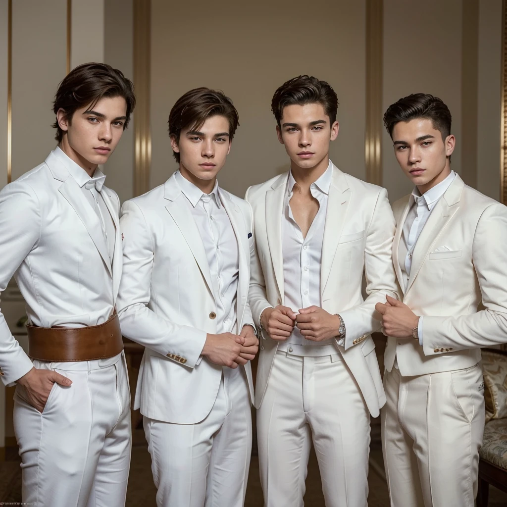 Three 18-year-old boys, with a masculine appearance, wearing a white suit. The scene depicts a masterpiece of art, showcasing the boy's professional and wealthy lifestyle. The image is of the best quality, with ultra-detailed features. The color tone is rich and vibrant ,masterpiece, ultra realistic, detailed face, detailed fingers