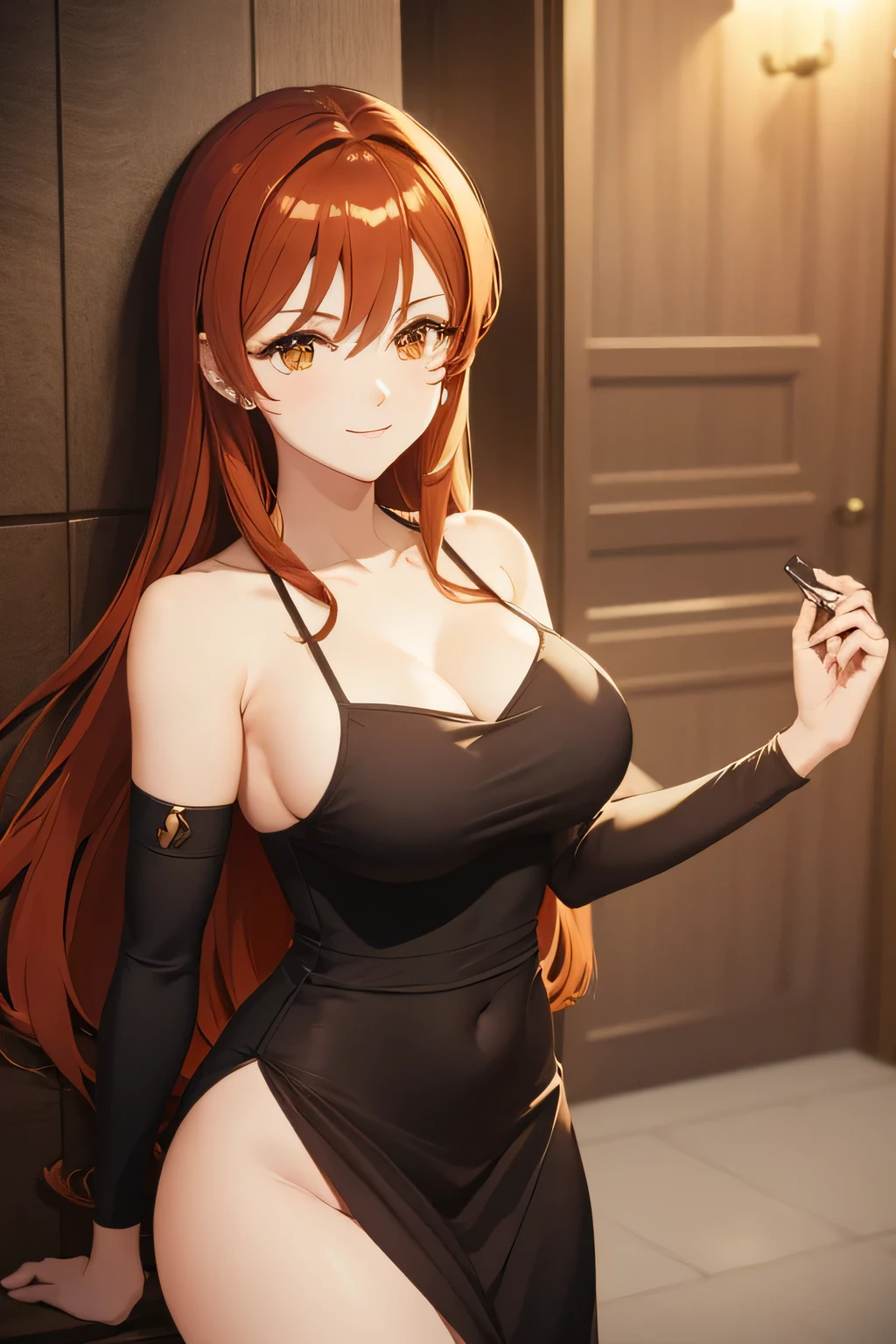 mature lady with big , dark hair within red, orange, and blonde in straight hair, ivory skintone, dark brown eyes.