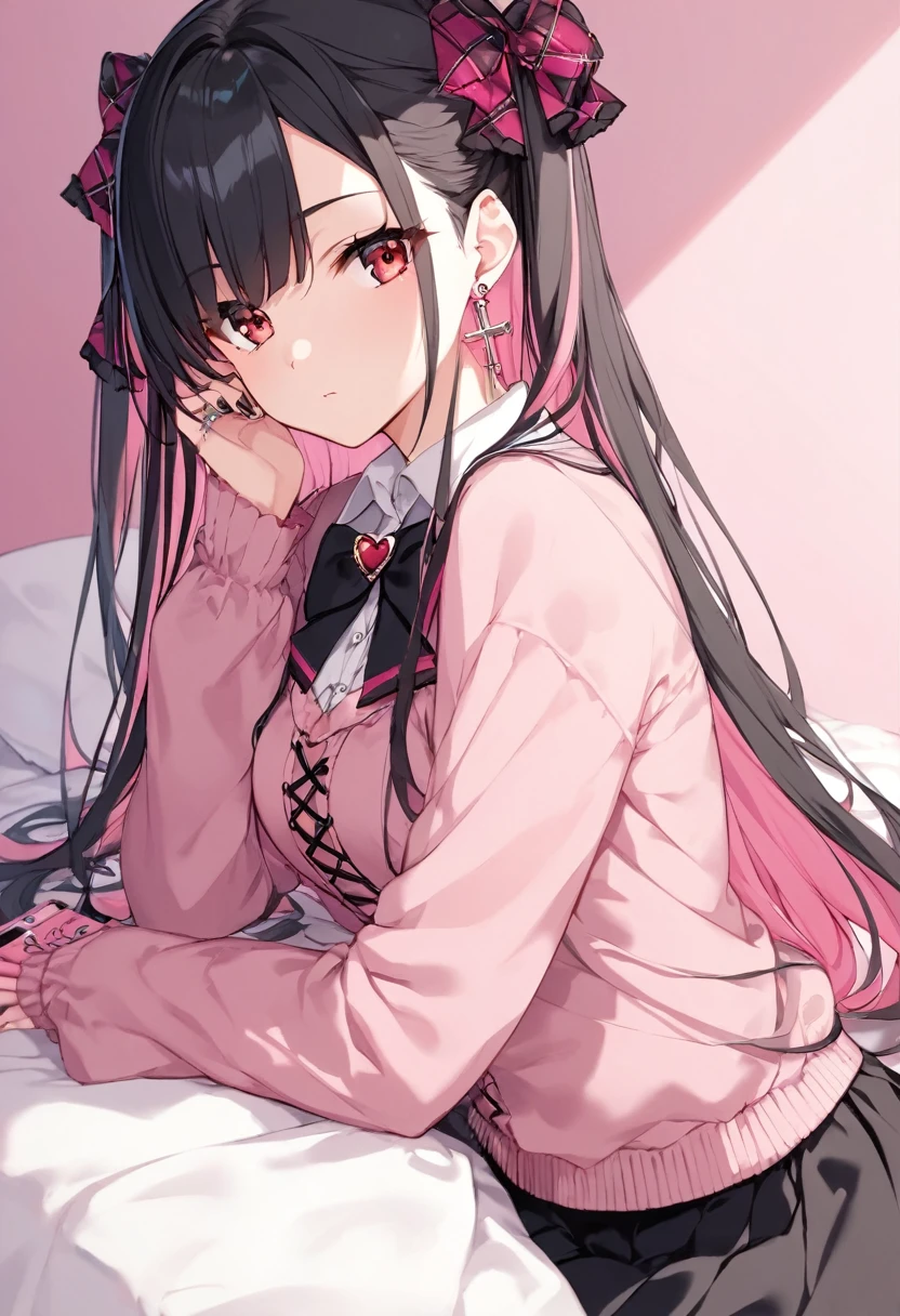 (score_9_, score_8_up, score_7_up, source_anime, 8k, masterpiece, best quality, ultra-detailed, an extremely delicate and beautiful, official style, depth of field, highly detailed, very aesthetic, intricate, overall detail, perfect anatomy), looking at viewer, (faint light:1.2), sit, on bed, (hotel room, love hotel, pink wall, pink bed sheet), condom box, okamoto condom 0.01, smartphone, BREAK 1girl, solo, (black hair, pink hair, two-tone hair), long hair, two side up, black hair bow, red eyes, jirai kei, (cross-laced clothes, pink shirt, long sleeves, frilled sleeves), frill, black bowtie, black skirt, heart brooch, heart earrings, ring, nail polish, pink nails, black nails, black mask, expressionless