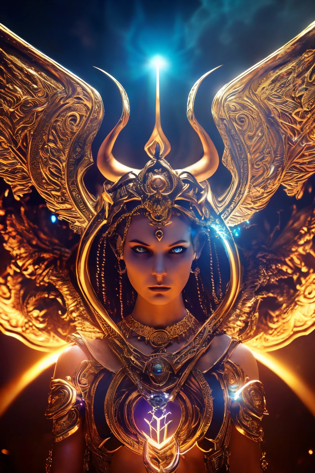  demonic goddess,  astarte, mysterious and ominous, glowing blue eyes, graceful yet sinister pose, dramatic lighting, moody and atmospheric, cinematic camera angle, (best quality,4k,8k,highres,masterpiece:1.2),ultra-detailed,(realistic,photorealistic,photo-realistic:1.37), volumetric lighting, golden hour