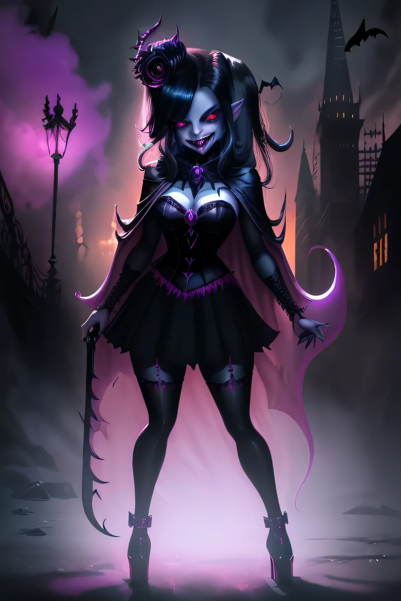 high quality, masterpiece, 8k, exquisite, beautiful, Trixie Lulamoon from Equestria Girls in a Batman Who Laughs or Batman Dark Metal version, dark and mysterious atmosphere, Trixie wearing a hybrid costume combining elements of Batman and the Batman Who Laughs, sinister and twisted expression, glowing red eyes, sharp and menacing grin, flowing cape and cowl, intricate details on the costume, dark and gritty color palette, dramatic lighting casting eerie shadows, Gotham City skyline in the background, sense of danger and intrigue, intense and captivating mood, Full Body, staring at the viewer sexy.