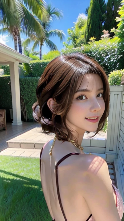 Enako,
One Woman,
Brown Hair,
straight(Short Hair.05),
Pearl decoration,
Golden Necklace,
hair ornaments,
Natural skin texture,Slightly large breasts,Narrow waist,
Pink lipstick,
Glamor(Black Dress.08),
garden,Outdoor,
Slightly larger breasts,Beautiful valley,expression(smile),From the side,Broken posture,
Look away,
Tilt your head 25 degrees,Beautiful back,
Depict the whole body,
Beautiful shiny eyes,
Beautiful depiction,
Healthy Body,
Natural hairstyle,
Natural body contours,
Natural facial contours,
Beautiful image quality,Delicate shades,4K,Very detailed,Delicate light adjustment,Delicate contour drawing,