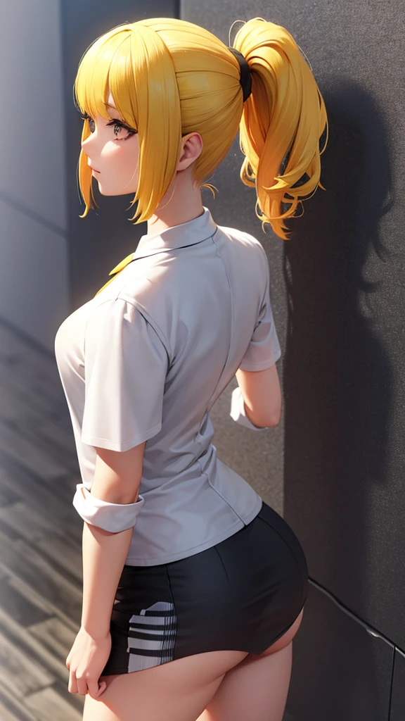 Beautiful girl in a short skirt with yellow hair in a ponytail on both sides, wallpaper. 3D
