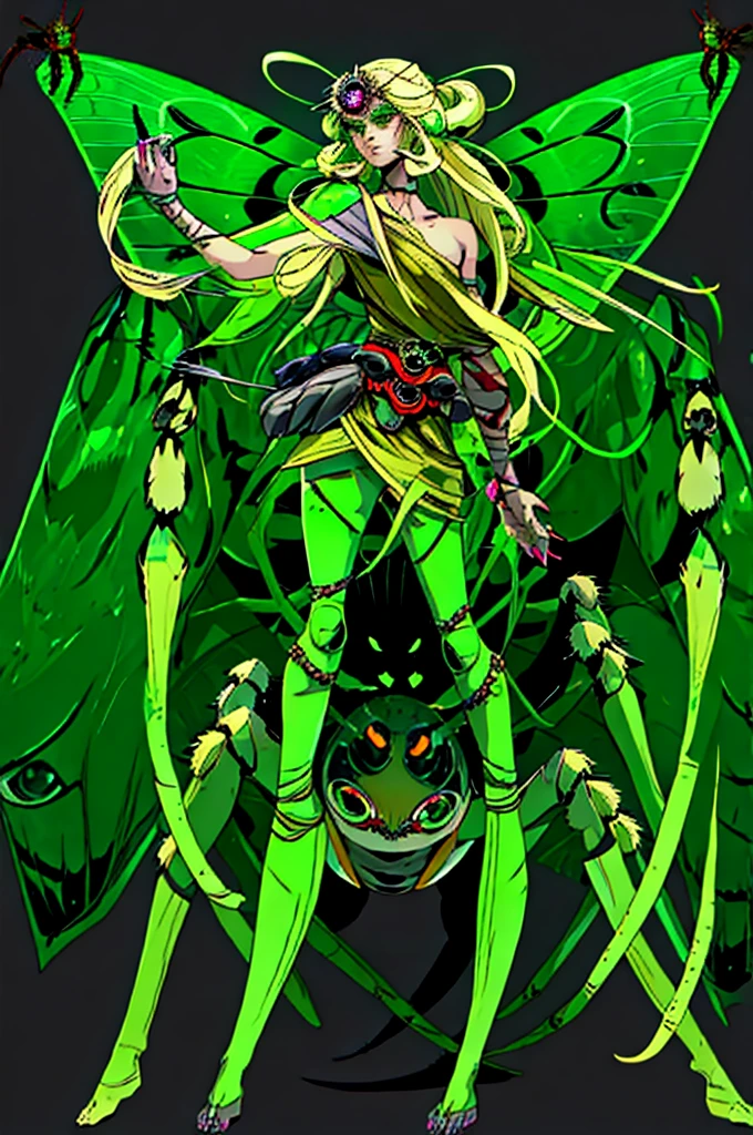 1girl, girl with arachnid body, (spider abdomen), hairy thin long spider legs, dragonfly wings, moth antenas on head, blonde long hair, green clothes, green eyes, flat chest, hades style, hadesstyle, hades2style, hades 2 style