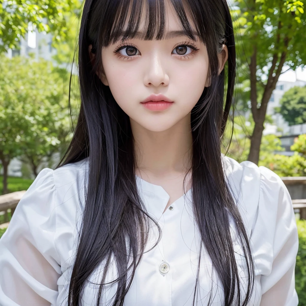 (masterpiece, highest quality),1 girl, alone, have, Realistic, Realistic, Looking at the audience, Light-coloured black eyes, Medium Hair, Japanese , Whity, lips, bangs, Outdoor, Mouth closed, Upper Body、Big eyes、eyelash、((There&#39;There&#39;There&#39;There&#39;There&#39;There&#39;There&#39、Very simple blue background:1.8))、Big eyes、big and full chest、Looking at the audience、Beautiful beauty、Show me your ears、Long neck、smile、please close your mouth and smile)))、Ideal body type、{Huge|big|Hugeな|Mega} chest, chestの谷間:2幸せなsmile