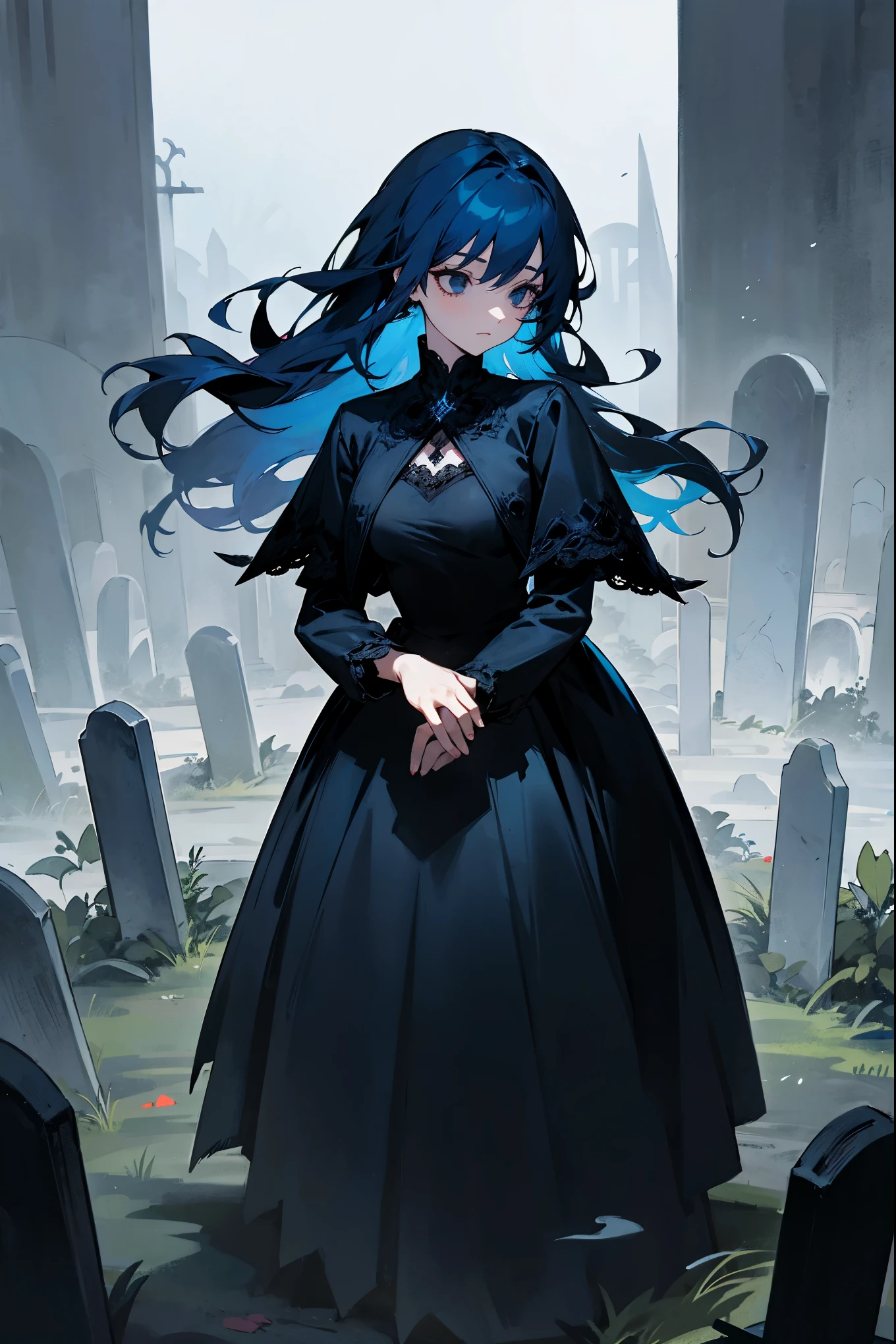 1female, dark blue hair, midnight, black eyes, dark clothing, ghostly, spooky, graveyard background, expressionless, detailed background, hands to side, standing on path