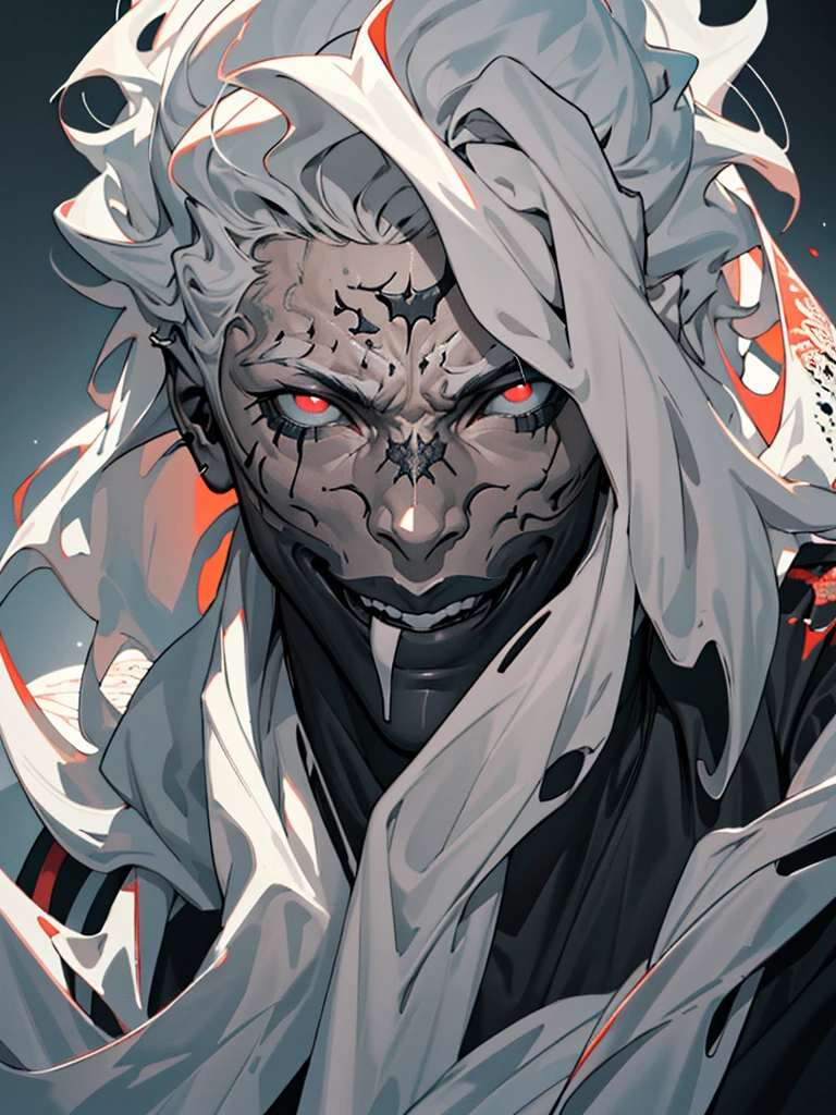 masterpiece, (absurdres, highres, ultra detailed), 1boy, muscular, white hair, solo, extremely detailed red eyes, (official art, beautiful and aesthetic:1.2), (dark art,erosion,fractal art :1.3), colorful, horror, highest detailed