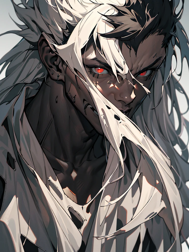 masterpiece, (absurdres, highres, ultra detailed), 1boy, muscular, white hair, solo, extremely detailed red eyes, (official art, beautiful and aesthetic:1.2), (dark art,erosion,fractal art :1.3), colorful, horror, highest detailed