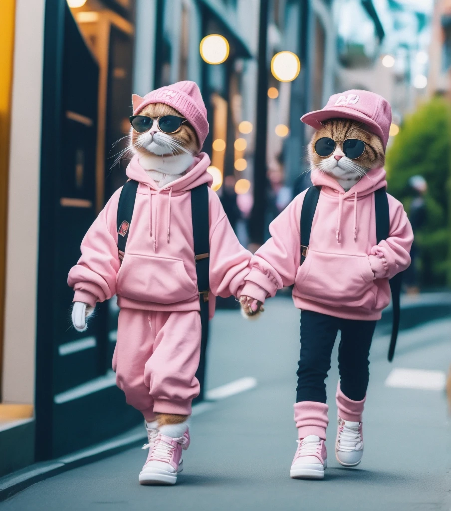 A trendy anthropomorphic talk cat dad and his cute cat child walking hand in hand down a stylish city street. The cat dad is wearing a pink baseball cap, large sunglasses, a pink bomber jacket with patches, a graphic hoodie with a cat print, dark cargo shorts, high-top sneakers with colorful details, and a crossbody bag. The cat child is dressed in a matching trendy outfit, also with stylish streetwear elements. The background features modern shops and people, creating a lively urban atmosphere. Both cats look cool and confident as they enjoy their stroll together