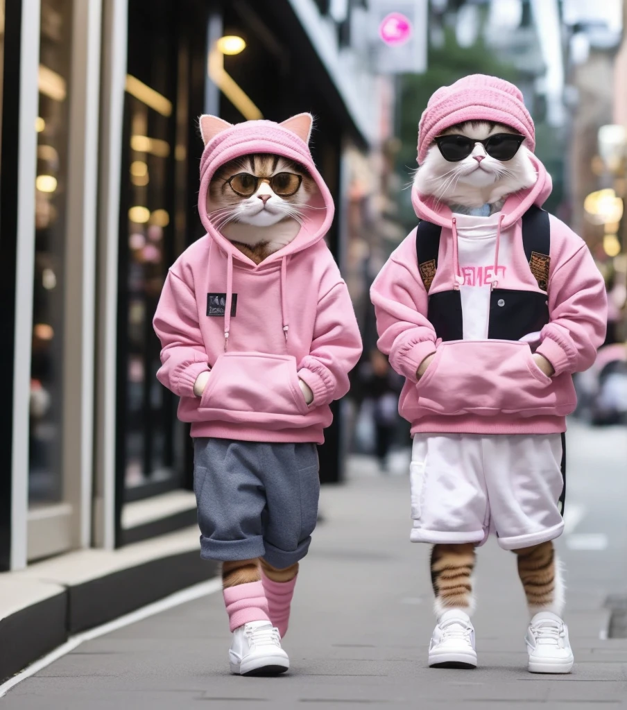 A trendy anthropomorphic talk cat dad and his cute cat child walking hand in hand down a stylish city street. The cat dad is wearing a pink baseball cap, large sunglasses, a pink bomber jacket with patches, a graphic hoodie with a cat print, dark cargo shorts, high-top sneakers with colorful details, and a crossbody bag. The cat child is dressed in a matching trendy outfit, also with stylish streetwear elements. The background features modern shops and people, creating a lively urban atmosphere. Both cats look cool and confident as they enjoy their stroll together