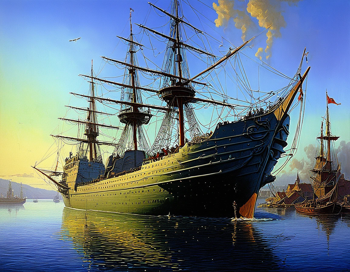 painting of a large ship with a dragon on it in a harbor, by Pavel Fedotov, by Tomek Setowski, sergey vasnev, inspired by Ivan Bilibin, by Alexander Kucharsky, by Andrei Ryabushkin, inspired by Rodney Matthews, by Konstantin Savitsky, by Fyodor Rokotov, by Igor Grabar