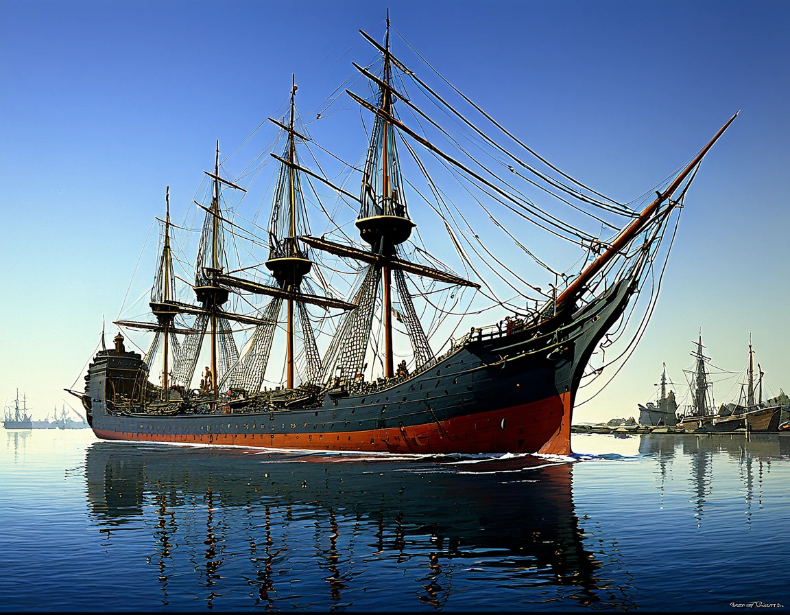 painting of a large ship with a dragon on it in a harbor, by Pavel Fedotov, by Tomek Setowski, sergey vasnev, inspired by Ivan Bilibin, by Alexander Kucharsky, by Andrei Ryabushkin, inspired by Rodney Matthews, by Konstantin Savitsky, by Fyodor Rokotov, by Igor Grabar