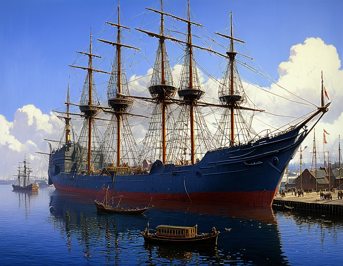 painting of a large ship with a dragon on it in a harbor, by Pavel Fedotov, by Tomek Setowski, sergey vasnev, inspired by Ivan Bilibin, by Alexander Kucharsky, by Andrei Ryabushkin, inspired by Rodney Matthews, by Konstantin Savitsky, by Fyodor Rokotov, by Igor Grabar