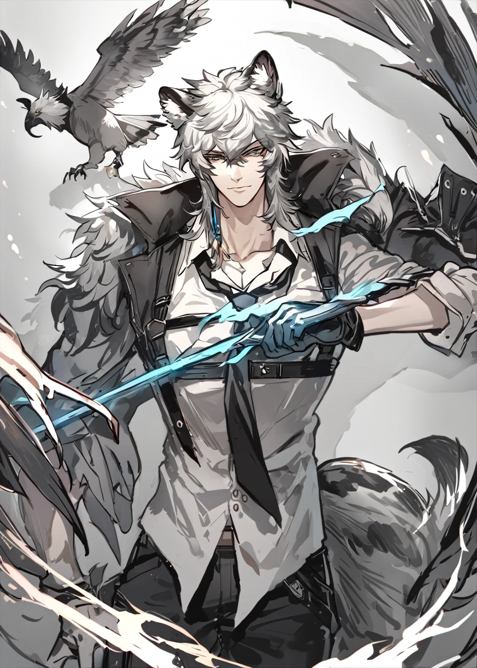 The image depicts a male animated character with silver hair and striking features. He wears a white shirt with a black tie and has animal ears,resembling those of a wolf or a fox. He wields a glowing blue sword in his right hand and has a black glove on his left. The character's hair is styled in a messy manner,and he has a determined look in his eyes. The background suggests a fantasy setting with elements of dark shadows and a bird silhouette.,, masterpiece, best quality,