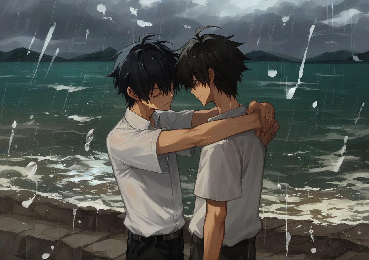 Cartoon drawing of two boys hugging each other in the rain, Stormy weather. Makoto Shinkai, guweiz and Makoto Shinkai, in style of Makoto Shinkai, Makoto Shinkai cyril rolando, yusuke murata and Makoto Shinkai, sakimichan and Makoto Shinkai, conrad roset and Makoto Shinkai