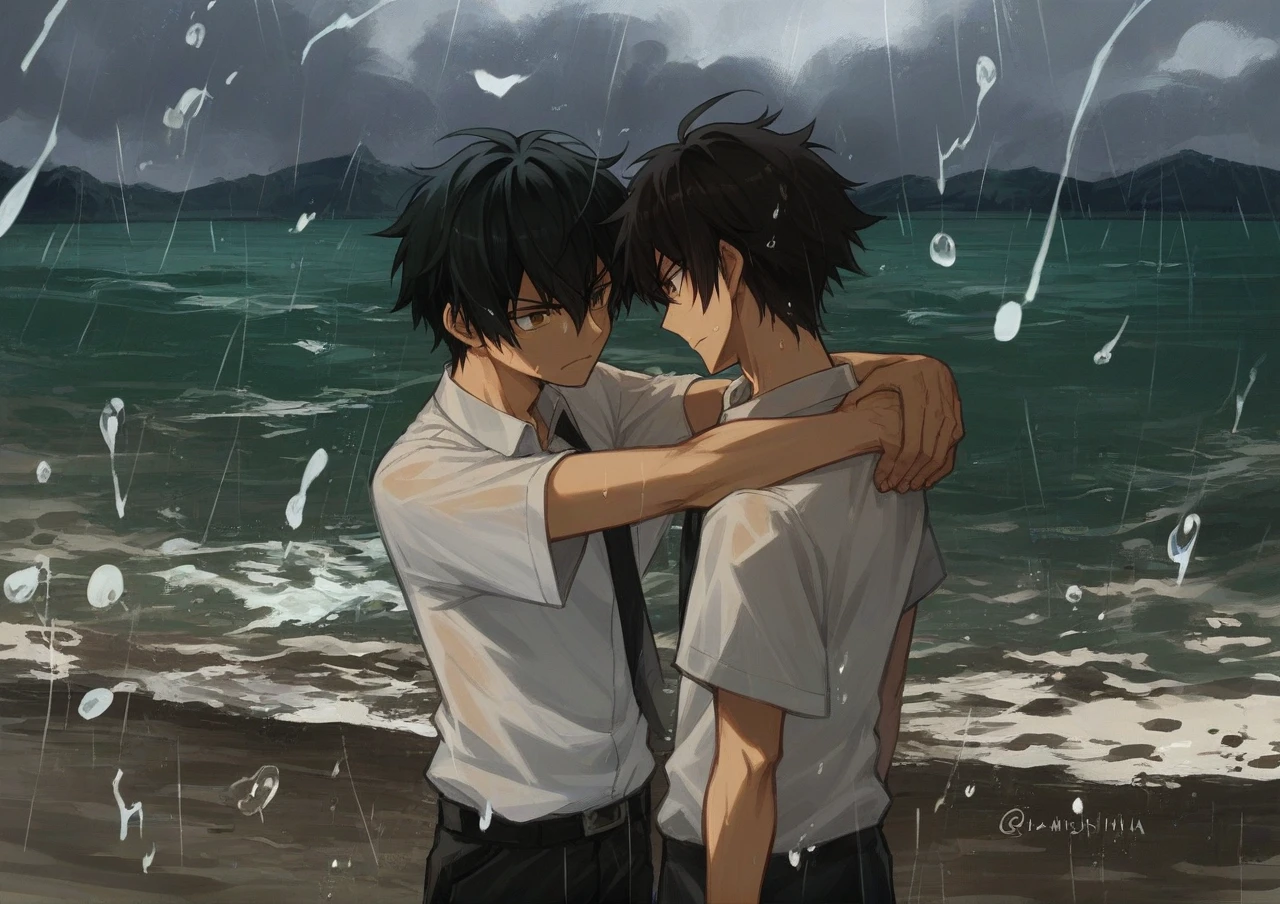 Cartoon drawing of two boys hugging each other in the rain, Stormy weather. Makoto Shinkai, guweiz and Makoto Shinkai, in style of Makoto Shinkai, Makoto Shinkai cyril rolando, yusuke murata and Makoto Shinkai, sakimichan and Makoto Shinkai, conrad roset and Makoto Shinkai
