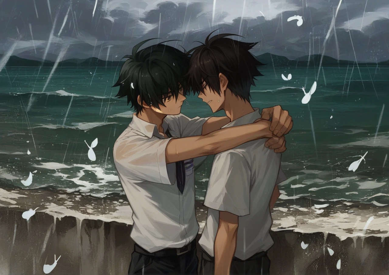 Cartoon drawing of two boys hugging each other in the rain, Stormy weather. Makoto Shinkai, guweiz and Makoto Shinkai, in style of Makoto Shinkai, Makoto Shinkai cyril rolando, yusuke murata and Makoto Shinkai, sakimichan and Makoto Shinkai, conrad roset and Makoto Shinkai