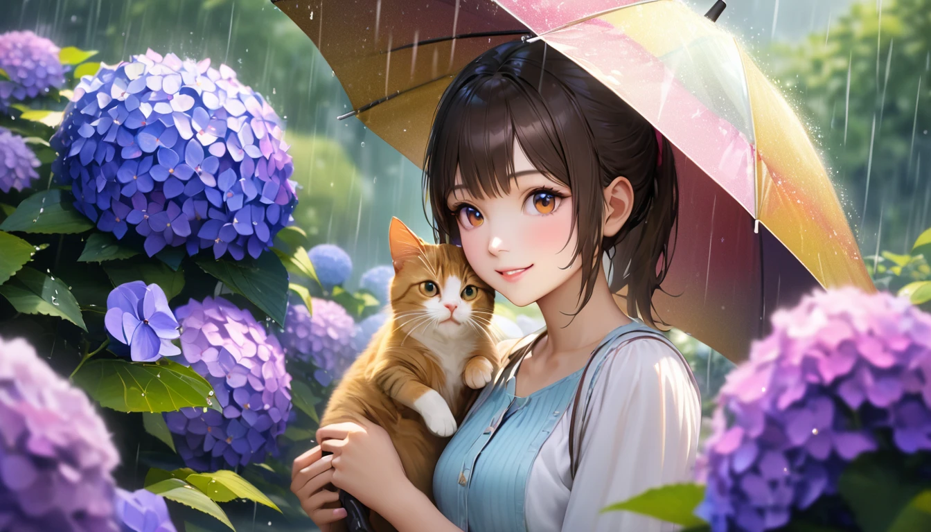 rain,Hydrangea Park, Cute casual clothes, Holding an umbrella,Holding a cat,Blur the background,High school girls,ponytail,smile,Glitter effect,highest quality, 4K, 8k, High resolution, masterpiece:1.2, Very detailed, Realistic:1.37, High resolution, 超High resolution, Ultra-fine painting, Sharp focus, Physically Based Rendering, Very detailedな説明, Professional, Vibrant colors