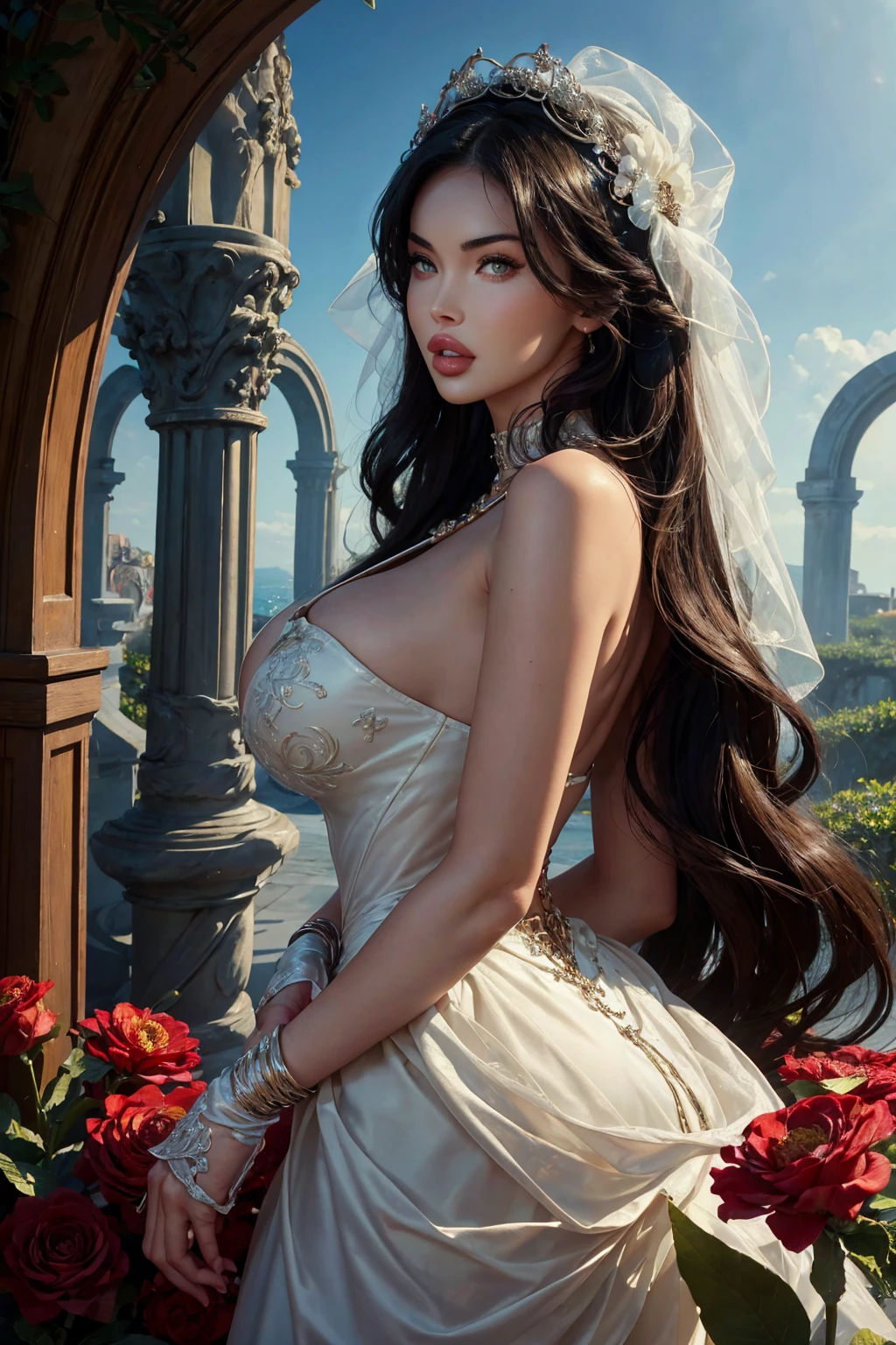 ((megan Fox)), (best quality, 8k, 32k, masterpiece, UHD:1.2), highres, sharp focus, detailed outfit, beautiful detailed hair, delicate details, 
1 girl, black hair, bangs, red eyes, red earrings, large breasts, wedding dress, hair flowers, veil,
cute, shy, sweet, light smile, 
outdoors, white chapel, glass wall, sunlight, blue sky, 
from side, nice hands, perfect hands,