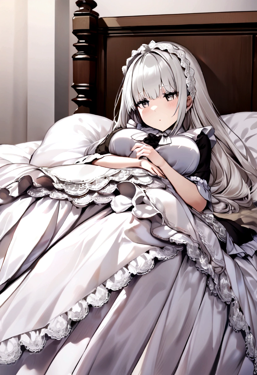 Gray Hair，Long white hair，****ta Skirt，Rest in bed