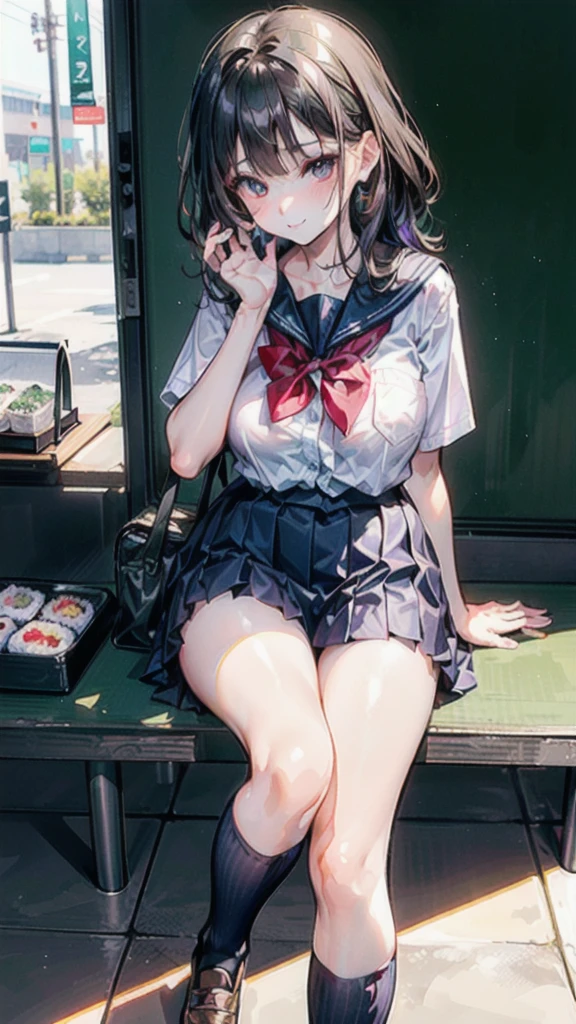 (Best quality, 8k, 32k, Masterpiece, UHD,:1.2),RAW, human, 1girl,ultra cute , ultra cute, natural lighting, transparent shining eyes, 20yo, medium breast ,femur, fair complexion , flushed face, ((school uniform)), (sandwiched between huge sushi;1.5), huge salmon sushi and huge tuna sushi