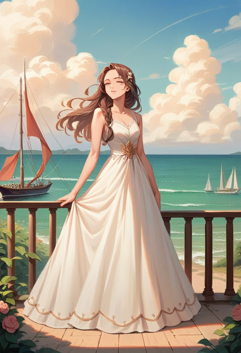 best quality,[masterpiece],((beautiful:0.75) cute girl:0.75),Professional,photo_(medium),ultra-fine painting,1girl,long hair,braid,outdoors,(front:1.3),(standing:1.3),seaside,cloudy sky,sailboat,medium_shot,
evening dress S9,flower, divine 