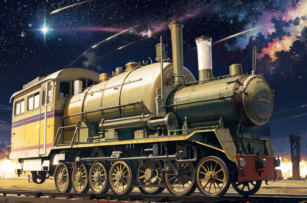 Steam locomotive flying in space Heading to Pluto Memories with friends form a constellation The train runs on the star tracks starry skies midnight