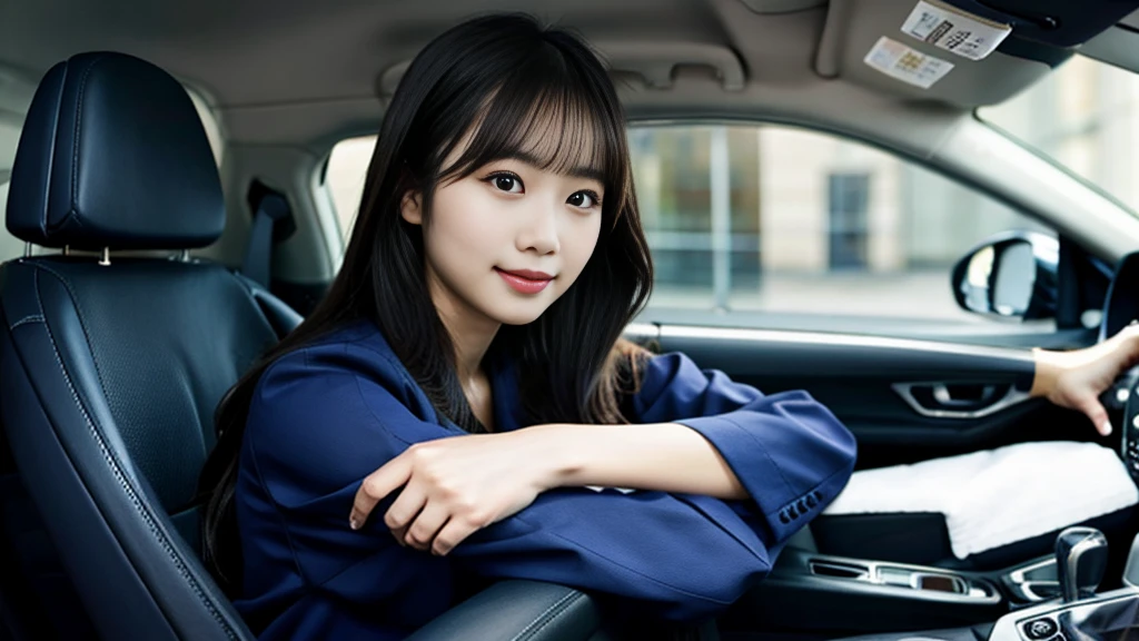 A Japanese woman wearing a navy blue jacket sitting in a car、Keep your hands on the handlebars、with an elegant smile、Beautiful 22 year old woman、LEXUS、Waiting for the traffic light、highest quality、high resolution