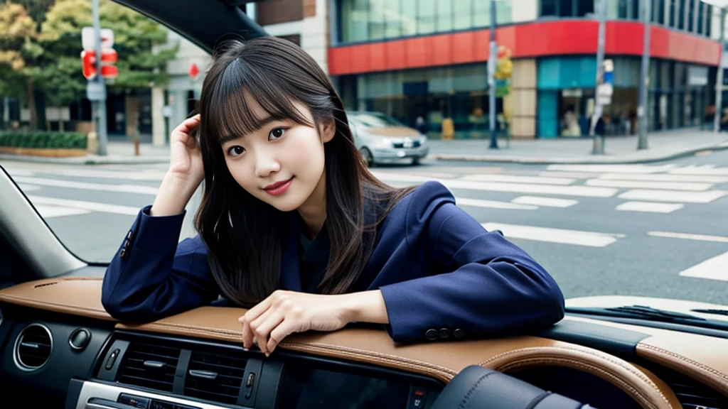 A Japanese woman wearing a navy blue jacket sitting in a car、Keep your hands on the handlebars、with an elegant smile、Beautiful 22 year old woman、LEXUS、Waiting for the traffic light、highest quality、high resolution